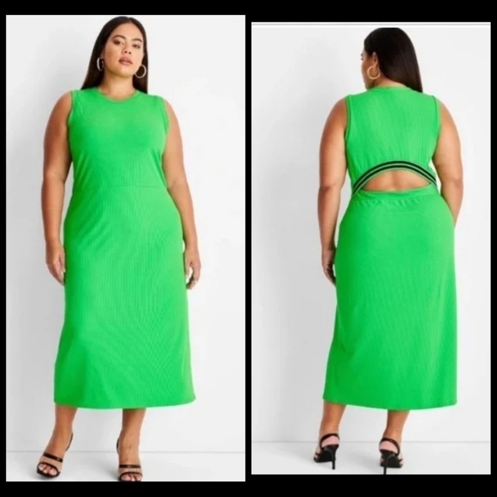 Future Collective with Kahlana Barfield Brown Green Ribbed Cutout A-Line Dress
